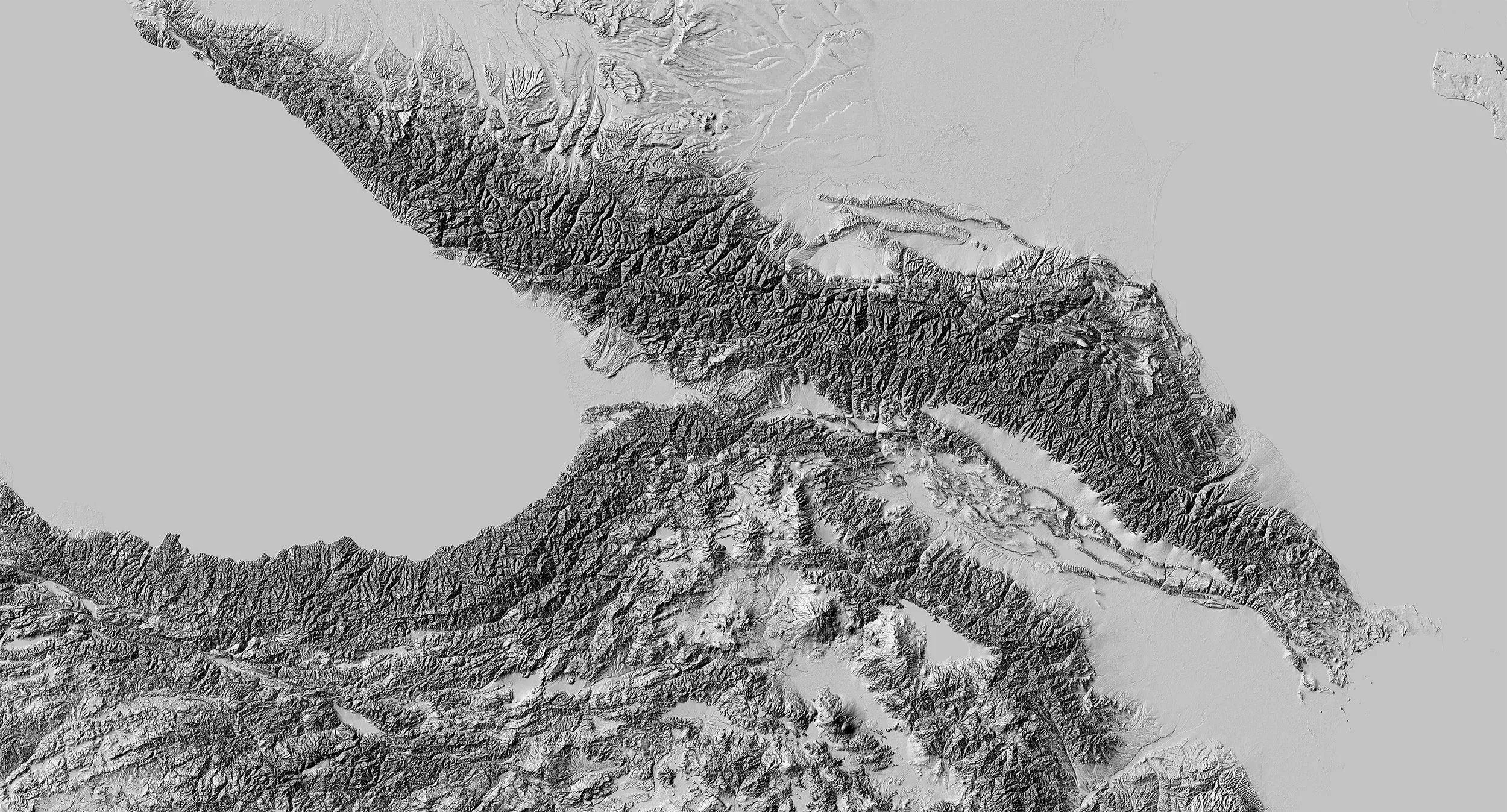 Hillshade rendering of the Caucasus region. Very harsh and overwhelming.